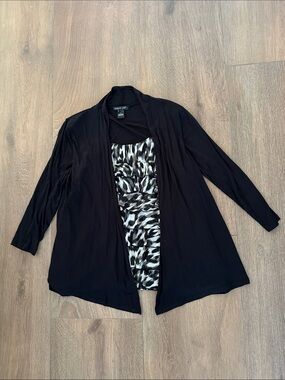 august silk Black Cardigan with Black and White Printed Shell